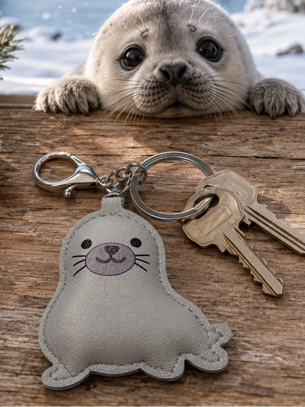 Gray Taupe Seal Faux Leather Keychain Bag Charm New
